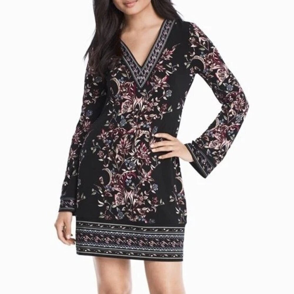 White House Black Market Floral Long Sleeve V Neck Dress